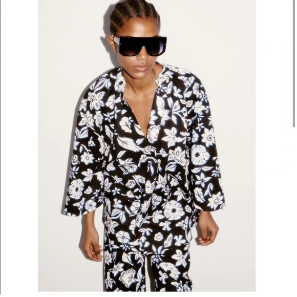 “Zara Monochrome Floral Shirt - Black & White - Picture 2 of 5